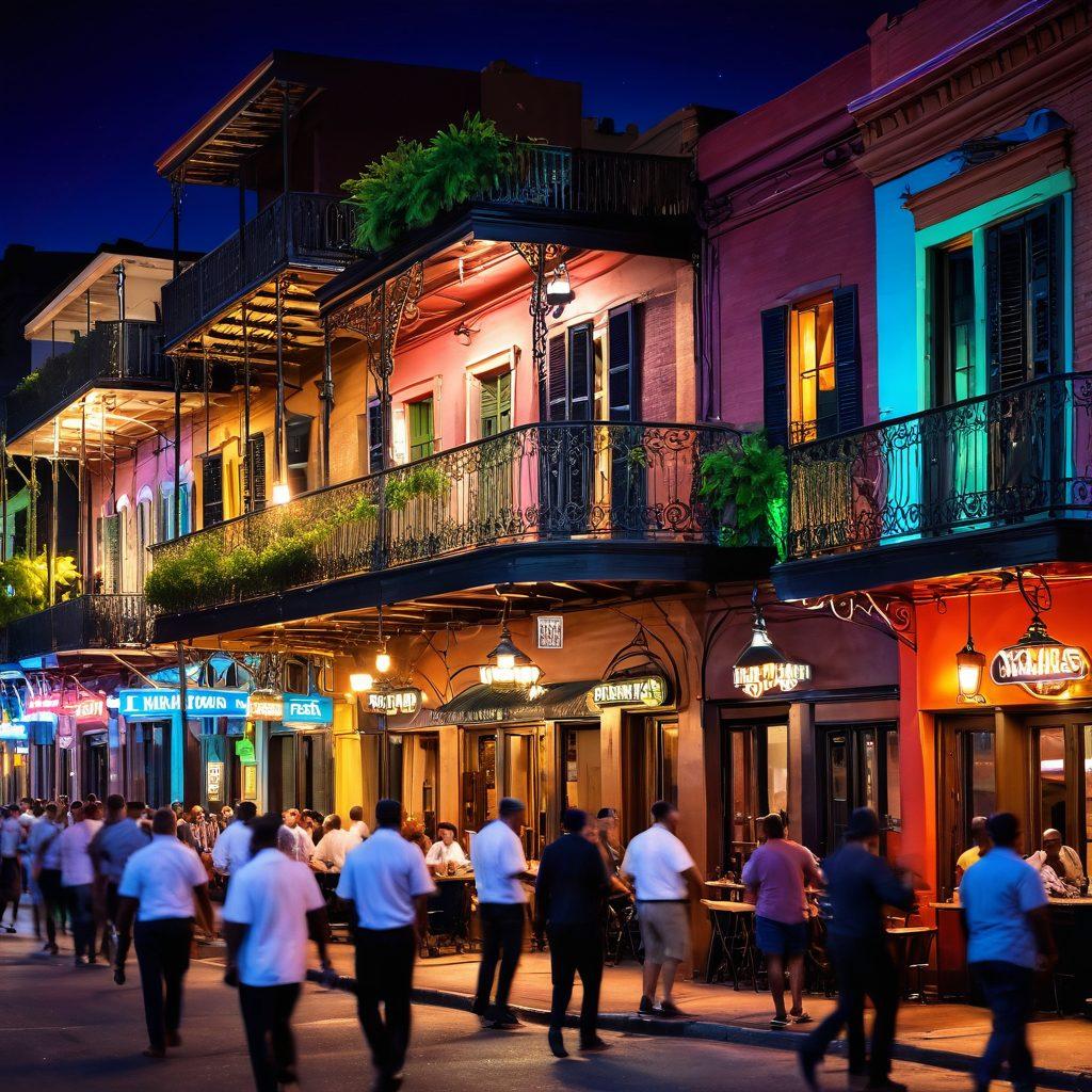 A bustling New Orleans street scene at night, illuminated by colorful neon lights and vibrant street performers. A lively crowd enjoying an outdoor bar with jazz music in the background, showcasing unique X-rated attractions. Incorporate the iconic French Quarter architecture with wrought-iron balconies and lush greenery. Capture the essence of excitement and adventure in this vibrant setting. super-realistic. vibrant colors. nighttime.
