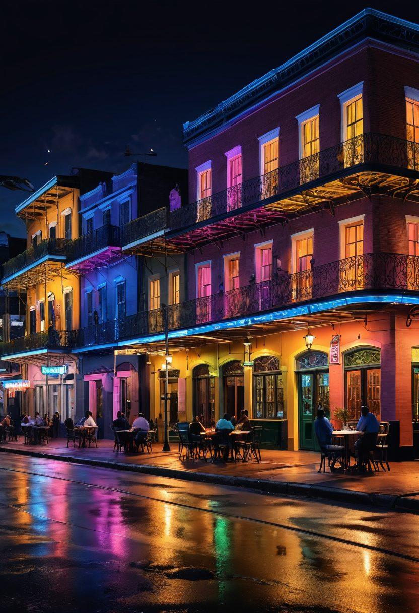 A captivating nighttime cityscape of New Orleans filled with neon lights, showcasing a vibrant nightlife scene. Include silhouettes of people enjoying outdoor cafés and jazz musicians playing on the streets, blending the essence of adult entertainment and culture. Incorporate iconic landmarks like the French Quarter and a bayou backdrop. super-realistic. vibrant colors. 3D.
