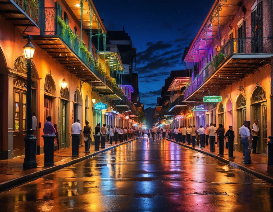 A vibrant street scene in New Orleans, showcasing a lively nightlife with jazz musicians, colorful neon signs of adult entertainment venues, and people dressed in festive attire. Incorporate elements of the iconic French Quarter architecture, like wrought-iron balconies and cobblestone streets. The atmosphere should convey a sense of excitement and allure, highlighting the unique blend of culture and nightlife in the city. super-realistic. vibrant colors. nighttime.